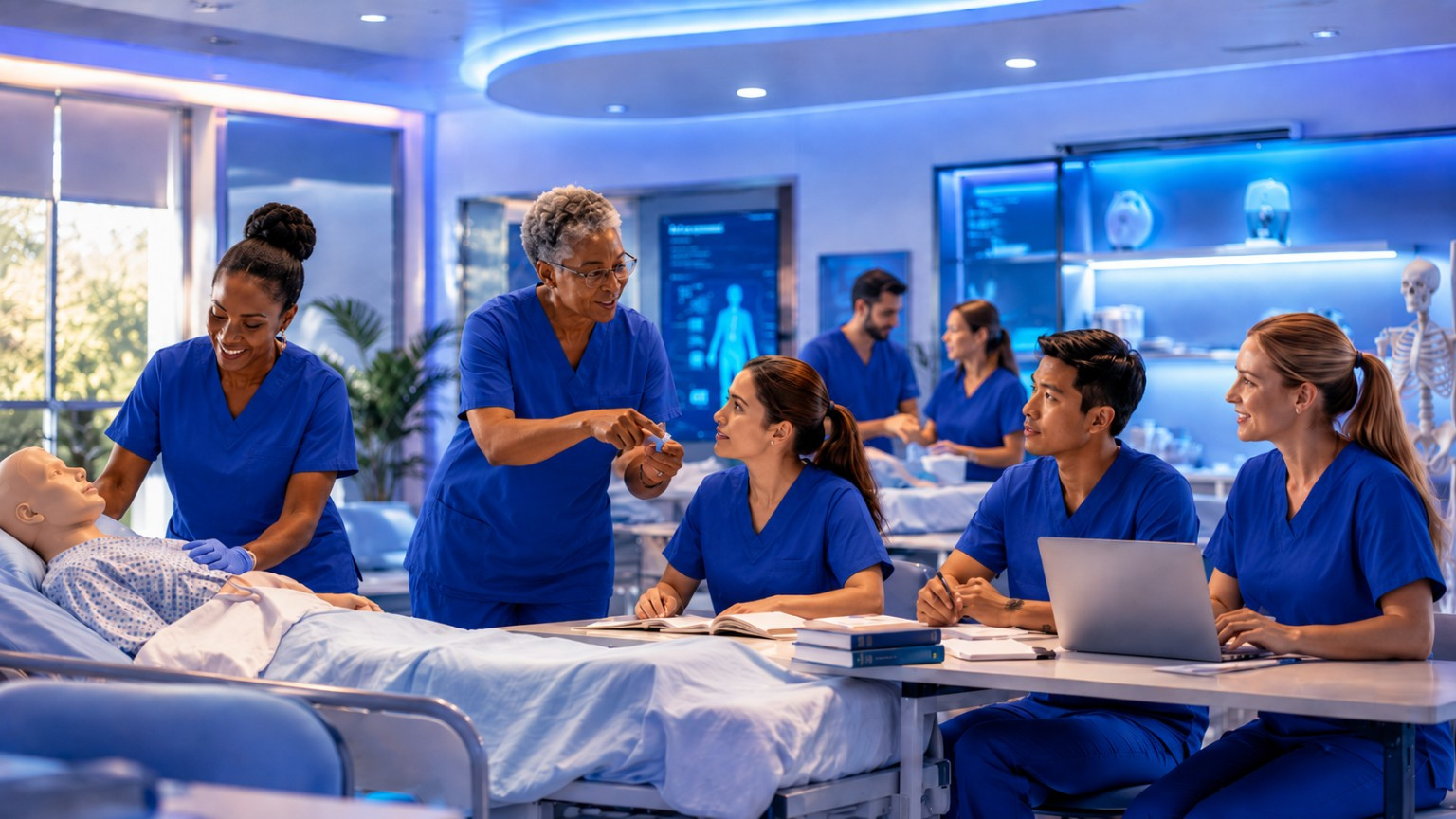 Healthcare instructor guiding students during hands-on clinical training